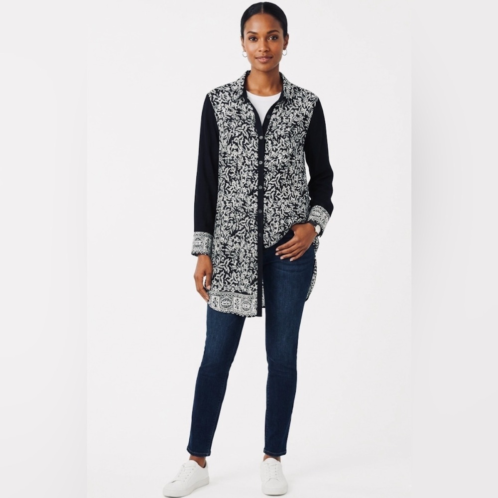 Soft Surroundings Wellesley Black & White Floral Button-Up Tunic Top S/M